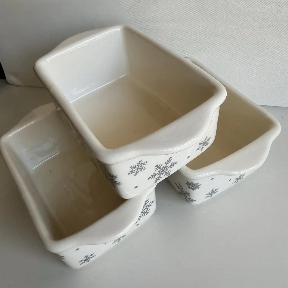 Set of 3 Christmas Mini Loaf Pans Snowflake Ceramic Oven Safe Baking Dish 6